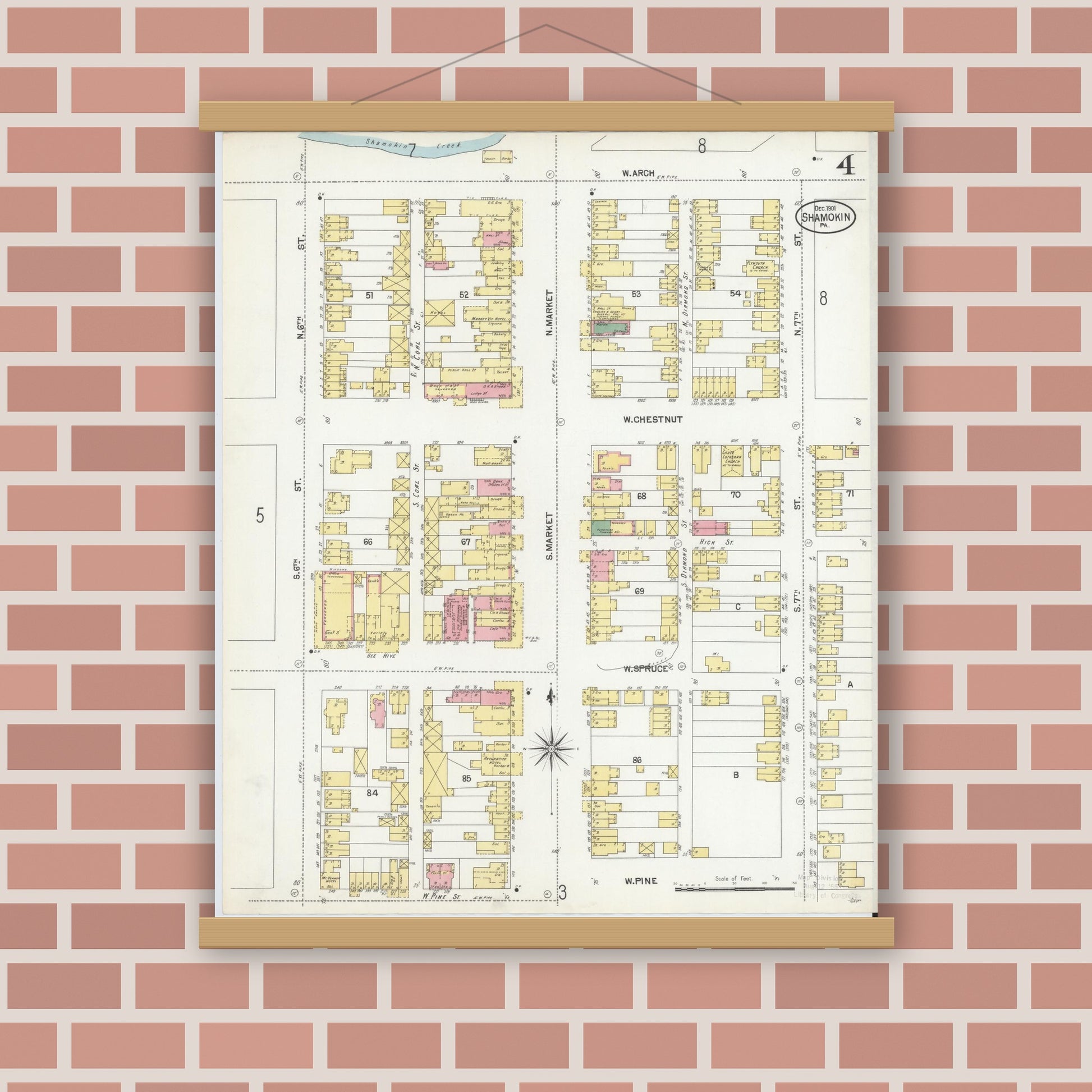 Old map wall art mockup — magnetic wood frame on brick wall — Sanborn Fire Insurance Map from Shamokin, Northumberland County, Pennsylvania (1901), Sheet #0004