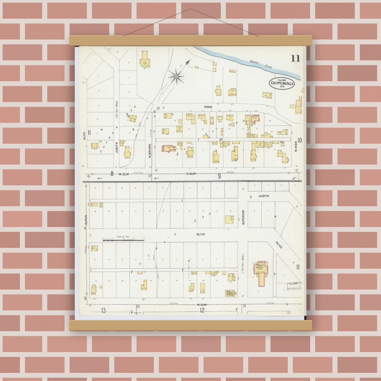 Old map wall art mockup — magnetic wood frame on brick wall — Sanborn Fire Insurance Map from Chippewa Falls, Chippewa County, Wisconsin (1903), Sheet #0011