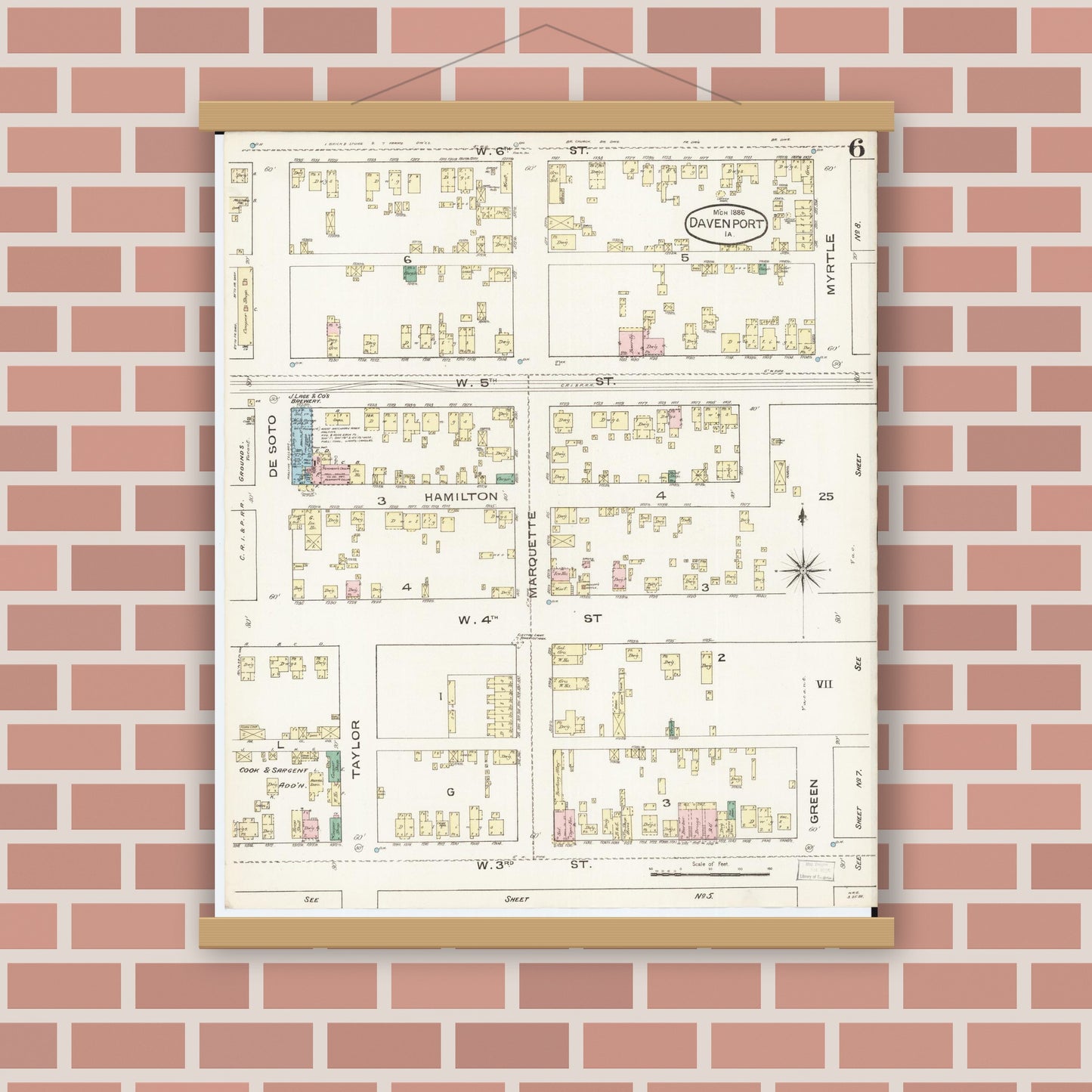 Old map wall art mockup — magnetic wood frame on brick wall — Sanborn Fire Insurance Map from Davenport, Scott County, Iowa (1886), Sheet #0006