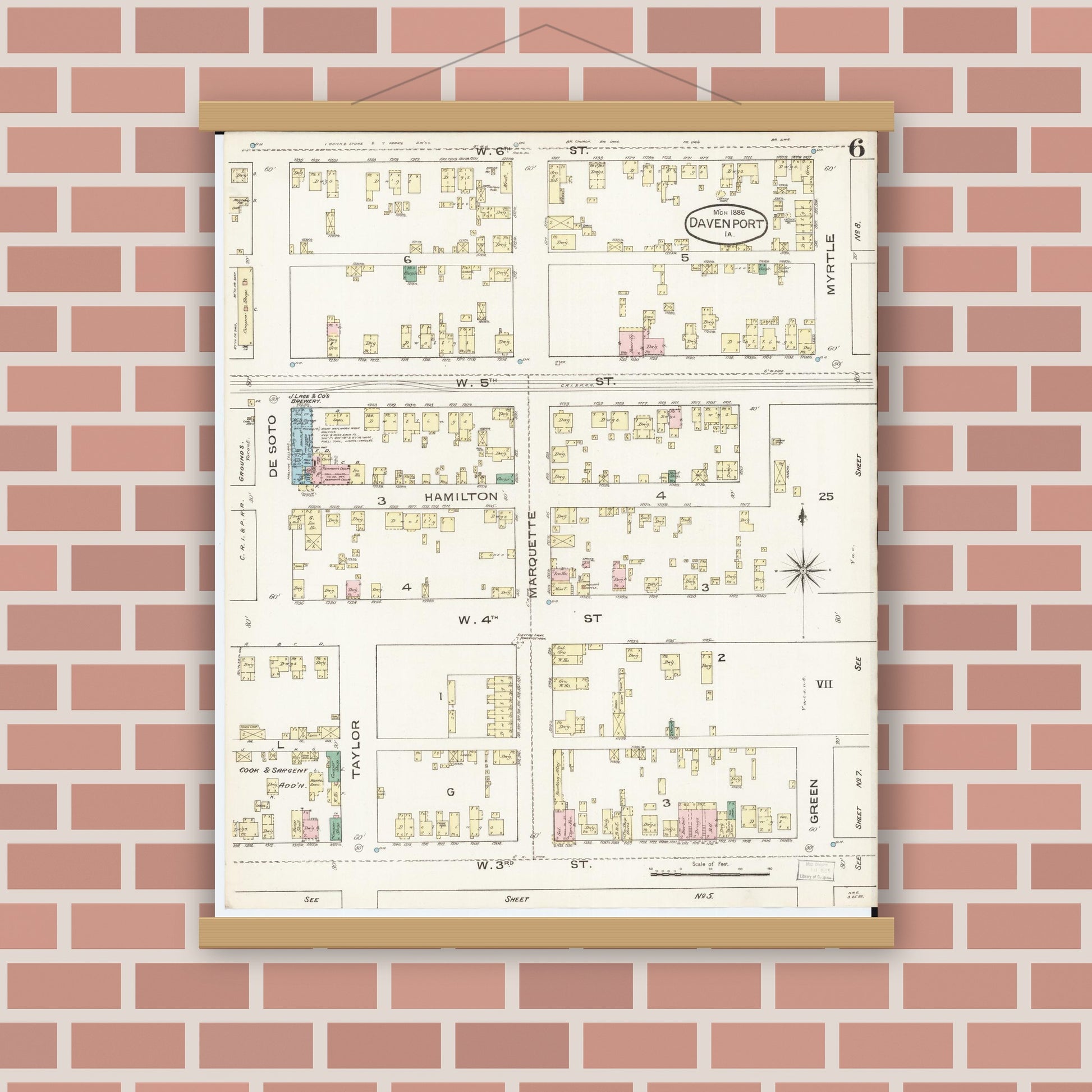 Old map wall art mockup — magnetic wood frame on brick wall — Sanborn Fire Insurance Map from Davenport, Scott County, Iowa (1886), Sheet #0006