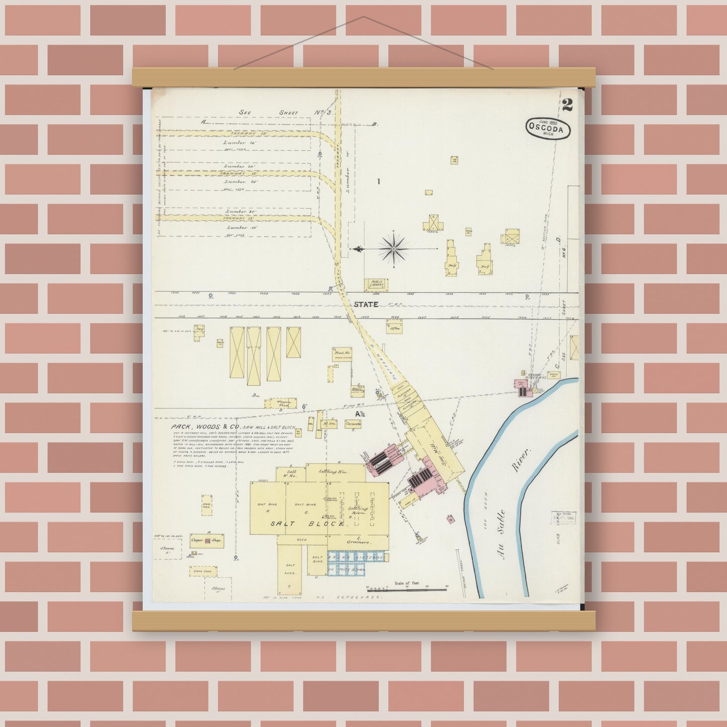 Old map wall art mockup — magnetic wood frame on brick wall — Sanborn Fire Insurance Map from Oscoda, Iosco County, Michigan (1890), Sheet #0002