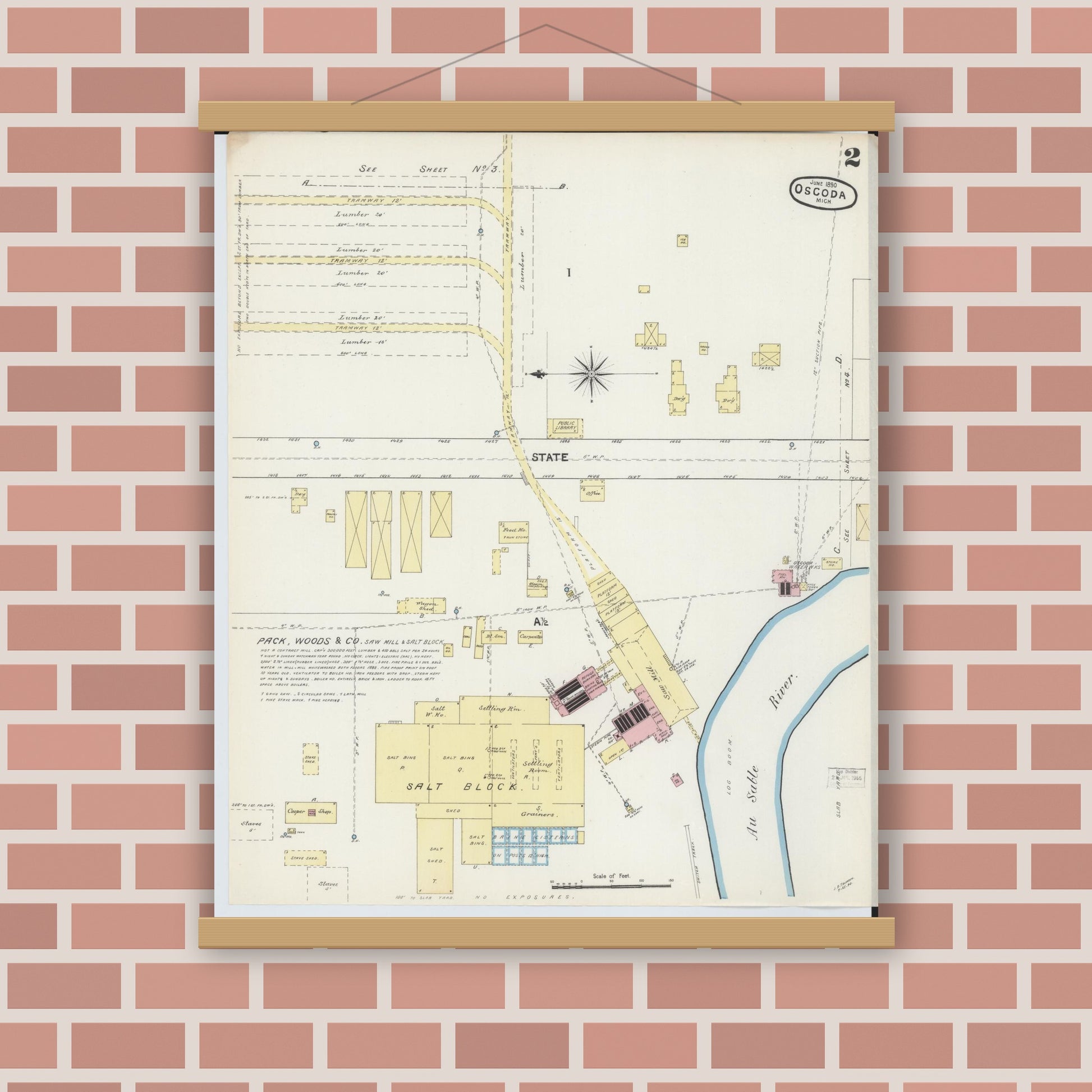 Old map wall art mockup — magnetic wood frame on brick wall — Sanborn Fire Insurance Map from Oscoda, Iosco County, Michigan (1890), Sheet #0002