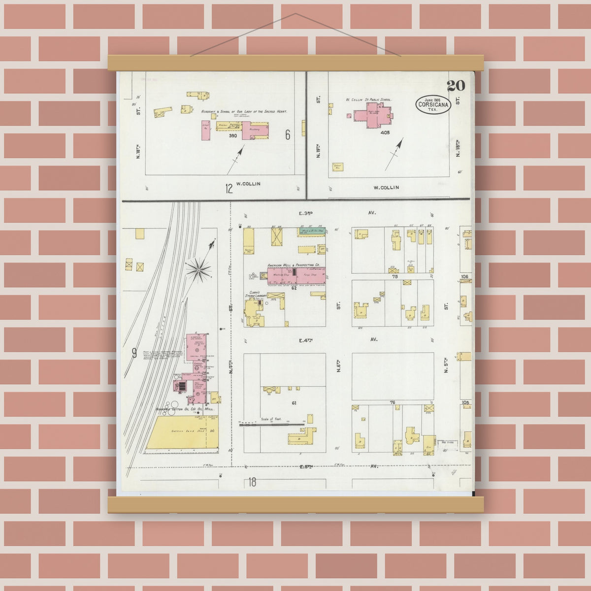 Old map wall art mockup — magnetic wood frame on brick wall — Sanborn Fire Insurance Map from Corsicana, Navarro County, Texas (1905), Sheet #0020