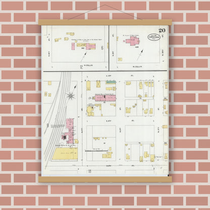 Old map wall art mockup — magnetic wood frame on brick wall — Sanborn Fire Insurance Map from Corsicana, Navarro County, Texas (1905), Sheet #0020