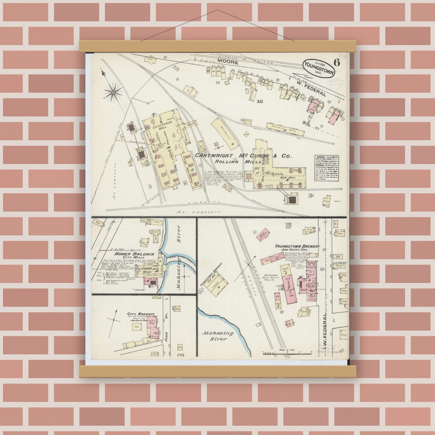 Old map wall art mockup — magnetic wood frame on brick wall — Sanborn Fire Insurance Map from Youngstown, Mahoning County, Ohio (1884), Sheet #0006