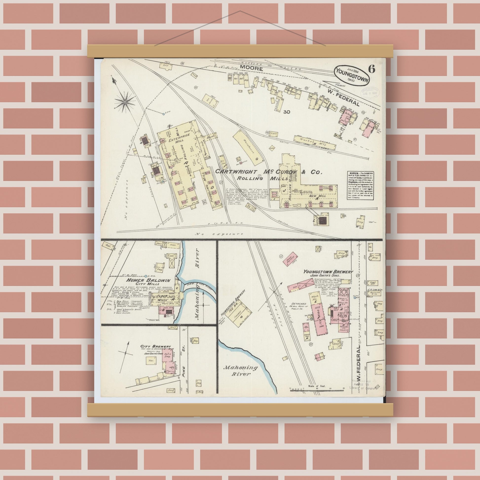 Old map wall art mockup — magnetic wood frame on brick wall — Sanborn Fire Insurance Map from Youngstown, Mahoning County, Ohio (1884), Sheet #0006