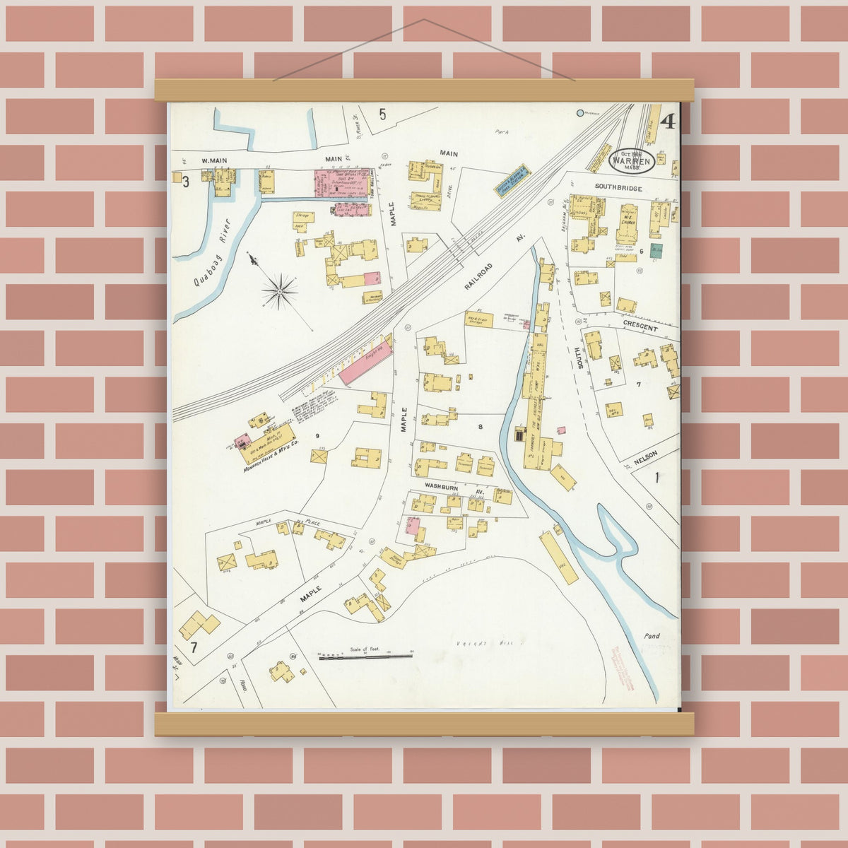 Old map wall art mockup — magnetic wood frame on brick wall — Sanborn Fire Insurance Map from Warren, Worcester County, Massachusetts (1906), Sheet #0004