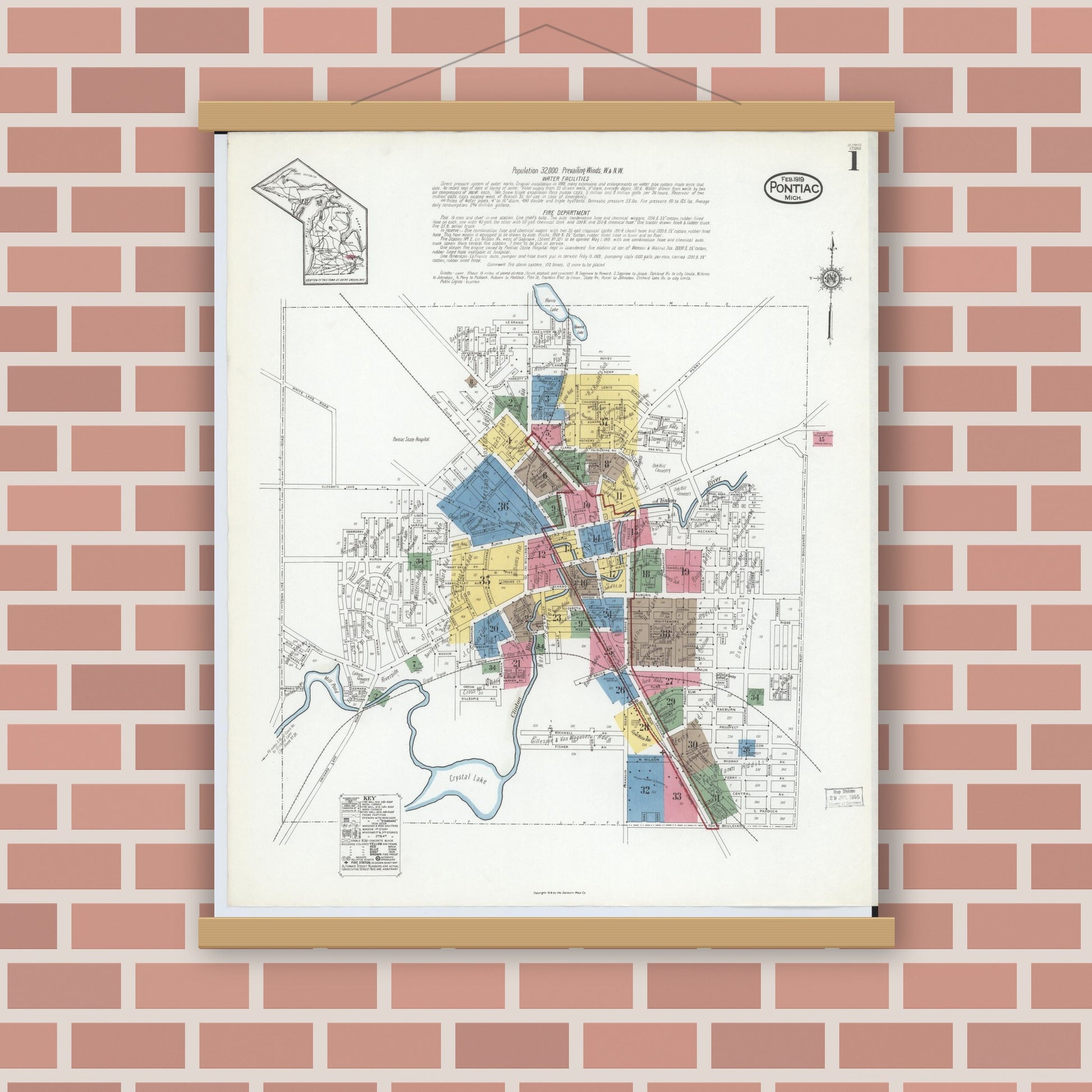 Old map wall art mockup — magnetic wood frame on brick wall — Sanborn Fire Insurance Map from Pontiac, Oakland County, Michigan (1919) - Complete Map Set