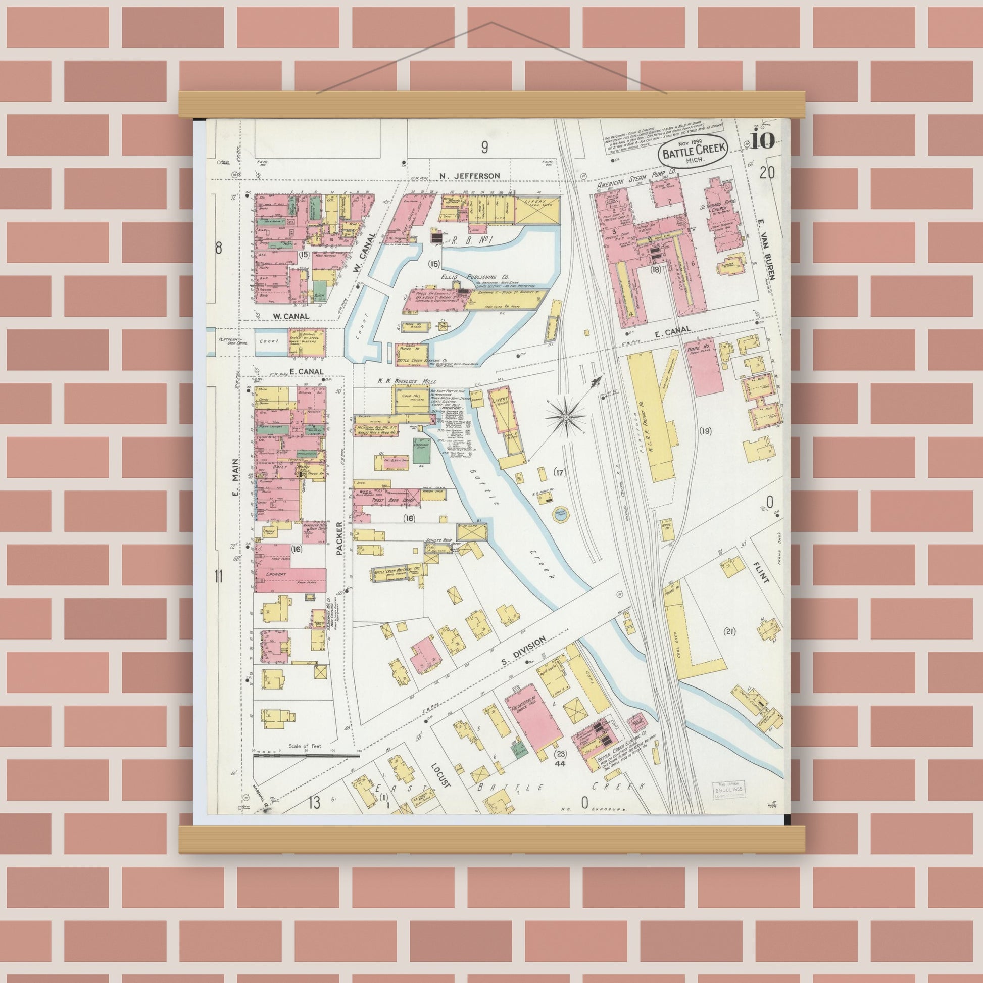 Old map wall art mockup — magnetic wood frame on brick wall — Sanborn Fire Insurance Map from Battle Creek, Calhoun County, Michigan (1899), Sheet #0010