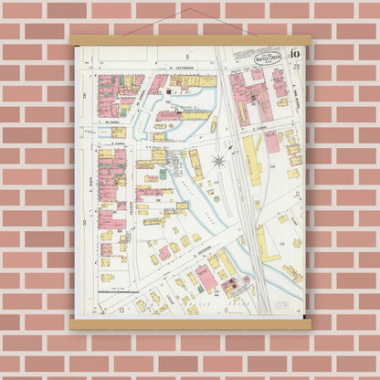 Old map wall art mockup — magnetic wood frame on brick wall — Sanborn Fire Insurance Map from Battle Creek, Calhoun County, Michigan (1899), Sheet #0010