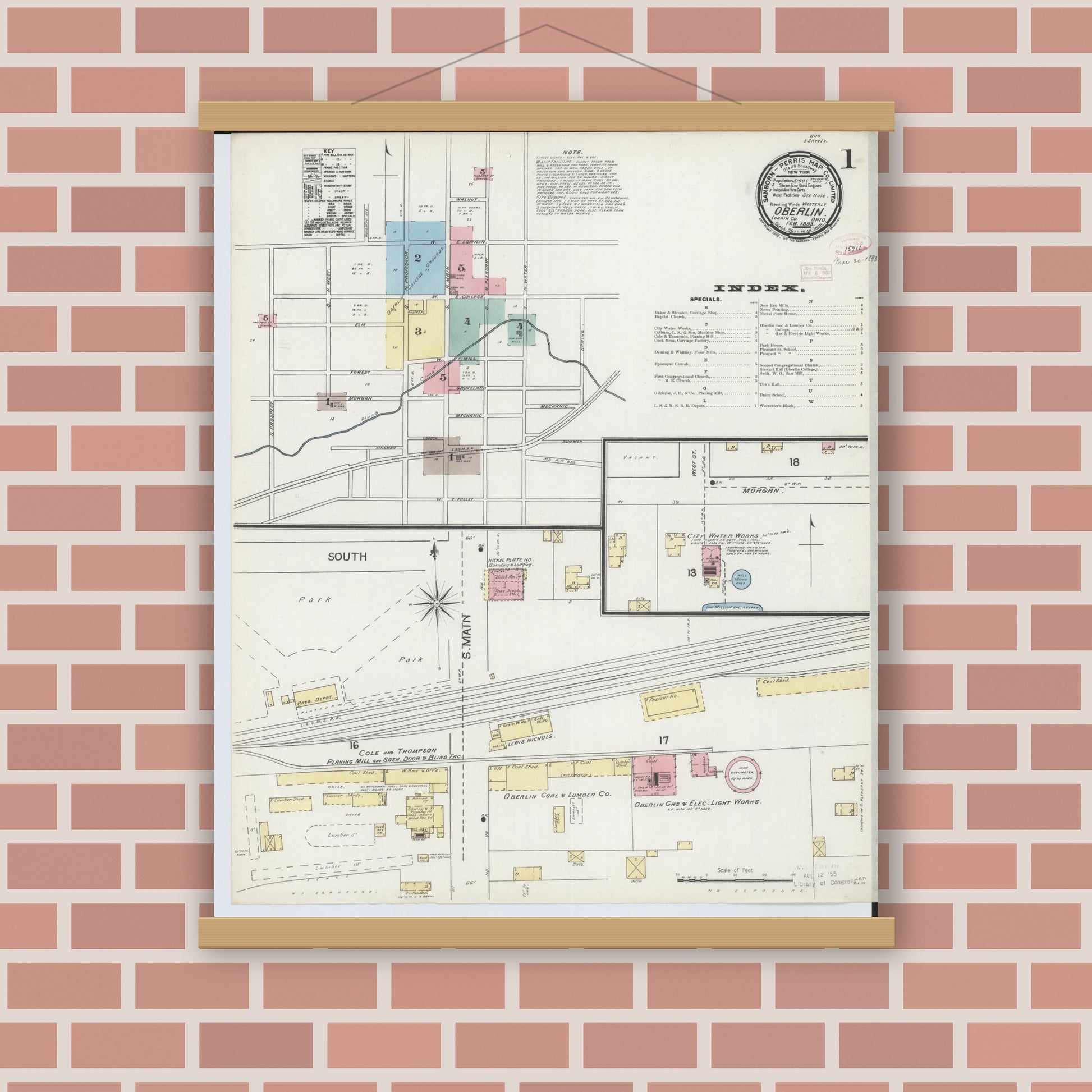 Old map wall art mockup — magnetic wood frame on brick wall — Sanborn Fire Insurance Map from Oberlin, Lorain County, Ohio (1893) - Complete Map Set