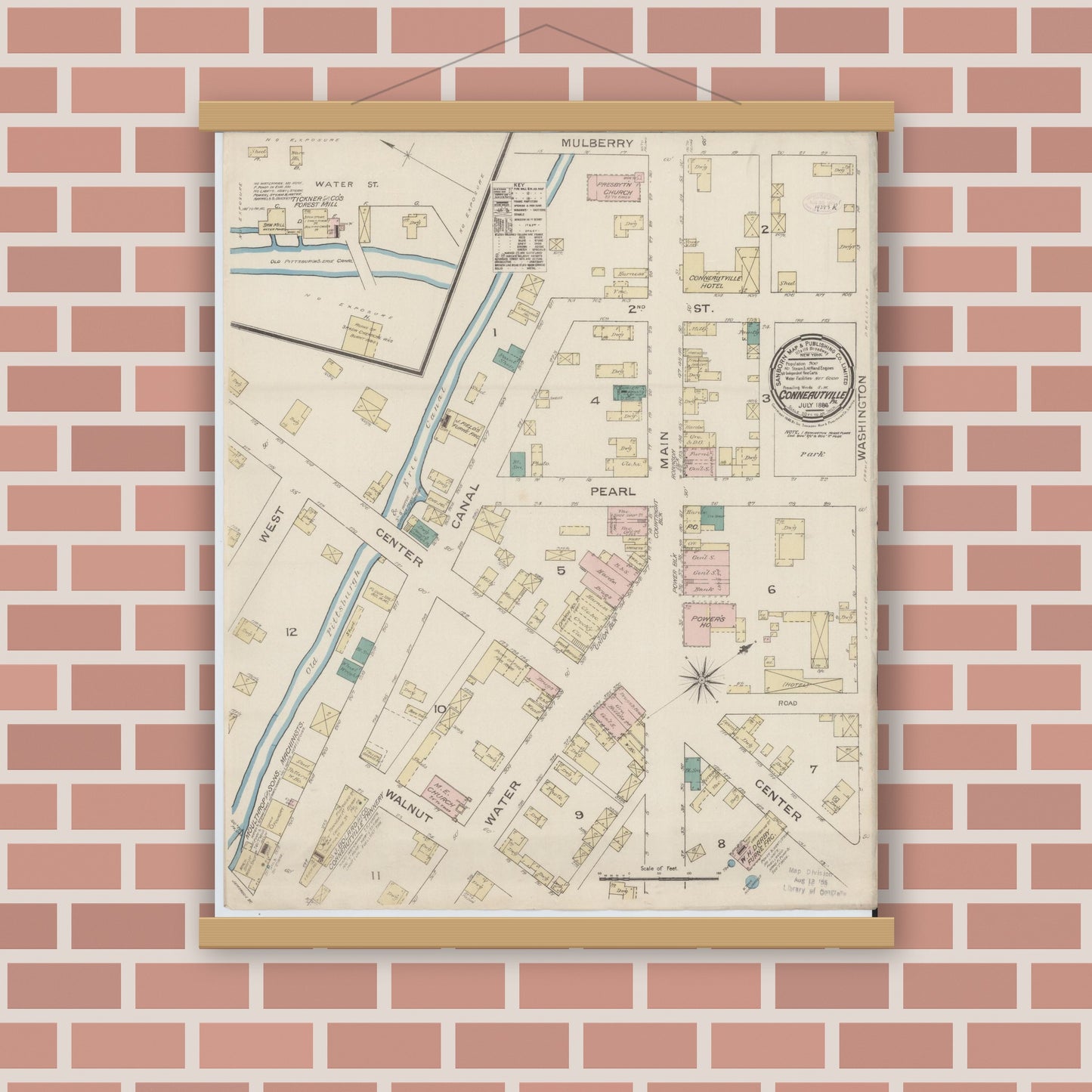 Old map wall art mockup — magnetic wood frame on brick wall — Sanborn Fire Insurance Map from Conneautville, Crawford County, Pennsylvania (1886), Sheet #0001