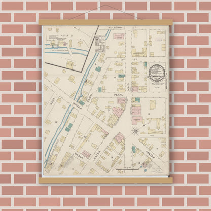 Old map wall art mockup — magnetic wood frame on brick wall — Sanborn Fire Insurance Map from Conneautville, Crawford County, Pennsylvania (1886), Sheet #0001