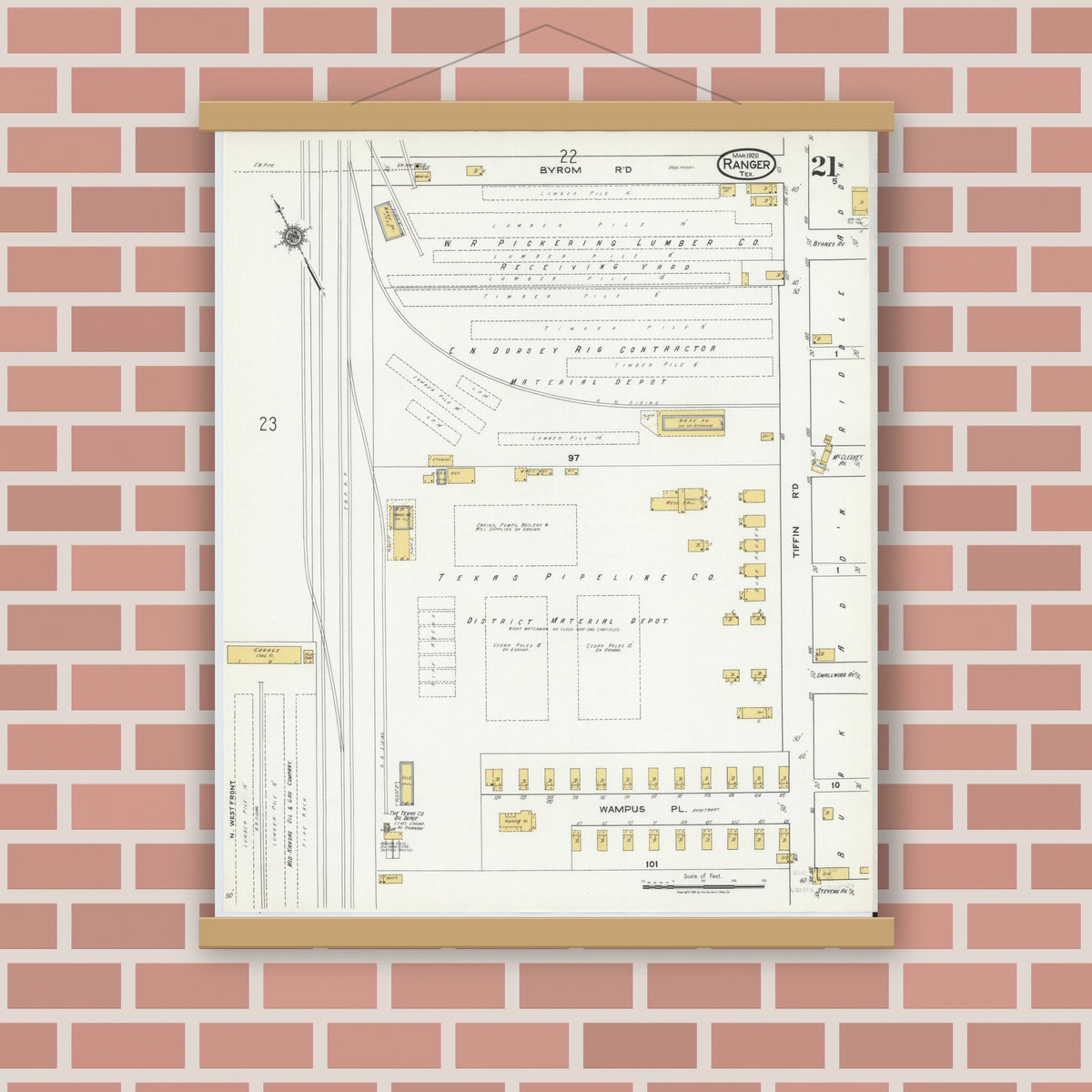Old map wall art mockup — magnetic wood frame on brick wall — Sanborn Fire Insurance Map from Ranger, Eastland County, Texas (1920), Sheet #0021