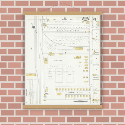 Old map wall art mockup — magnetic wood frame on brick wall — Sanborn Fire Insurance Map from Ranger, Eastland County, Texas (1920), Sheet #0021