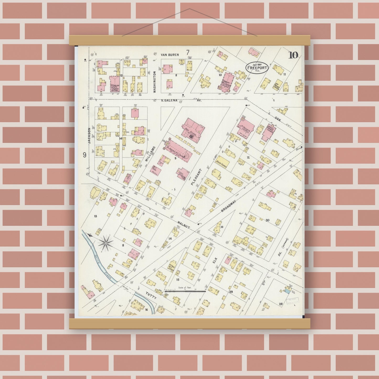 Old map wall art mockup — magnetic wood frame on brick wall — Sanborn Fire Insurance Map from Freeport, Stephenson County, Illinois (1897), Sheet #0010