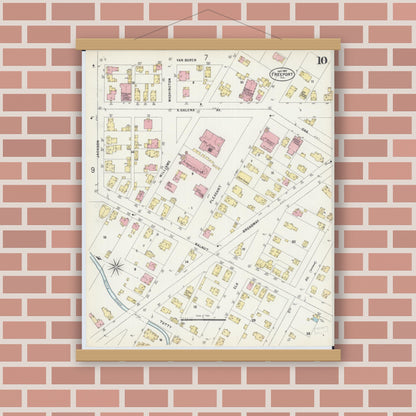 Old map wall art mockup — magnetic wood frame on brick wall — Sanborn Fire Insurance Map from Freeport, Stephenson County, Illinois (1897), Sheet #0010