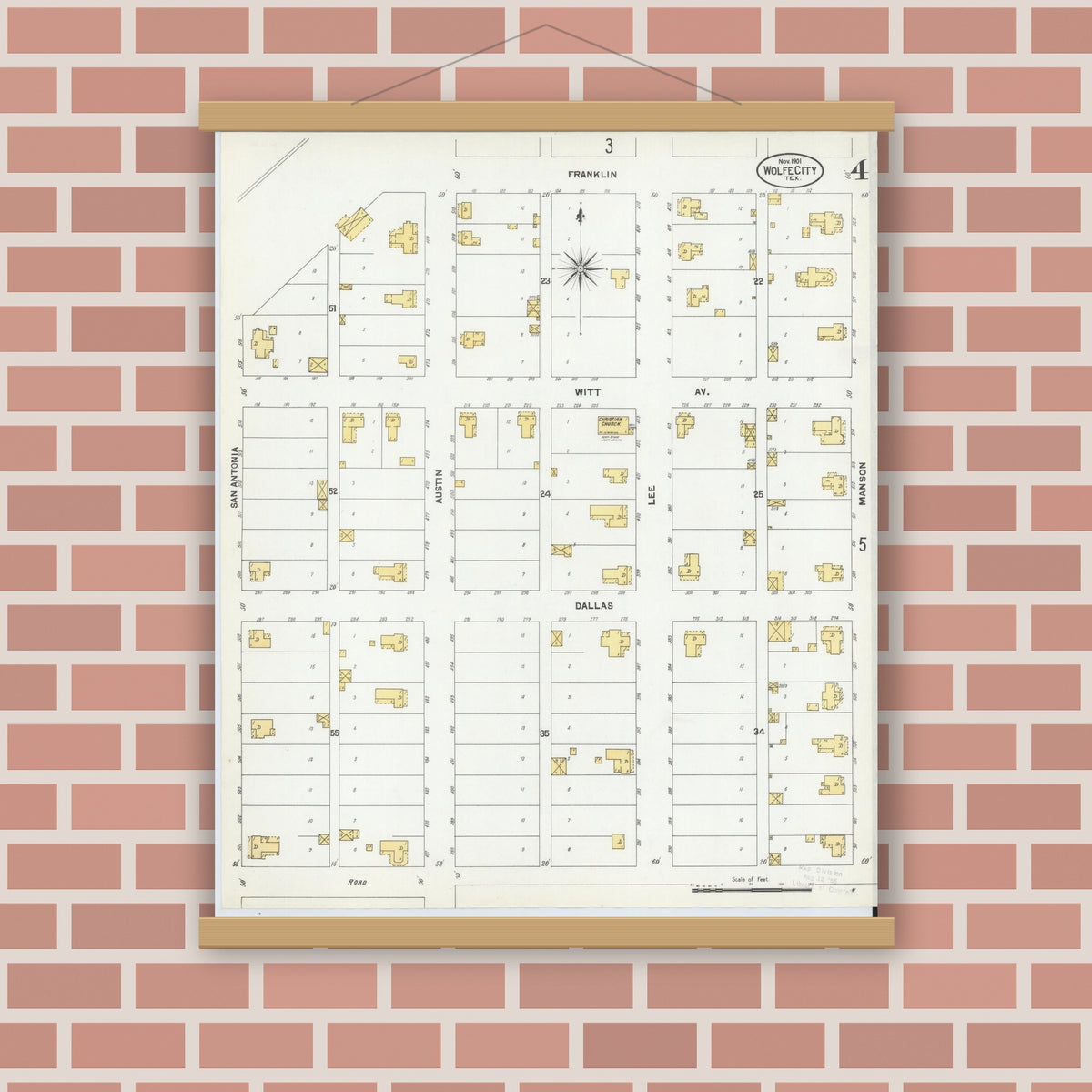 Old map wall art mockup — magnetic wood frame on brick wall — Sanborn Fire Insurance Map from Wolfe City, Hunt County, Texas (1901), Sheet #0004