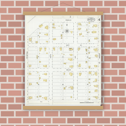 Old map wall art mockup — magnetic wood frame on brick wall — Sanborn Fire Insurance Map from Wolfe City, Hunt County, Texas (1901), Sheet #0004