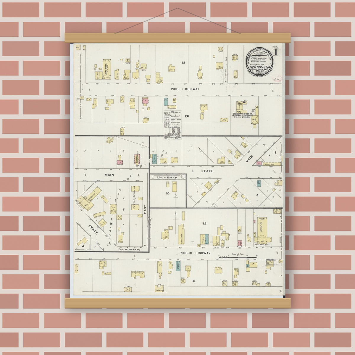 Old map wall art mockup — magnetic wood frame on brick wall — Sanborn Fire Insurance Map from New Holstein, Calumet County, Wisconsin (1894), Sheet #0001