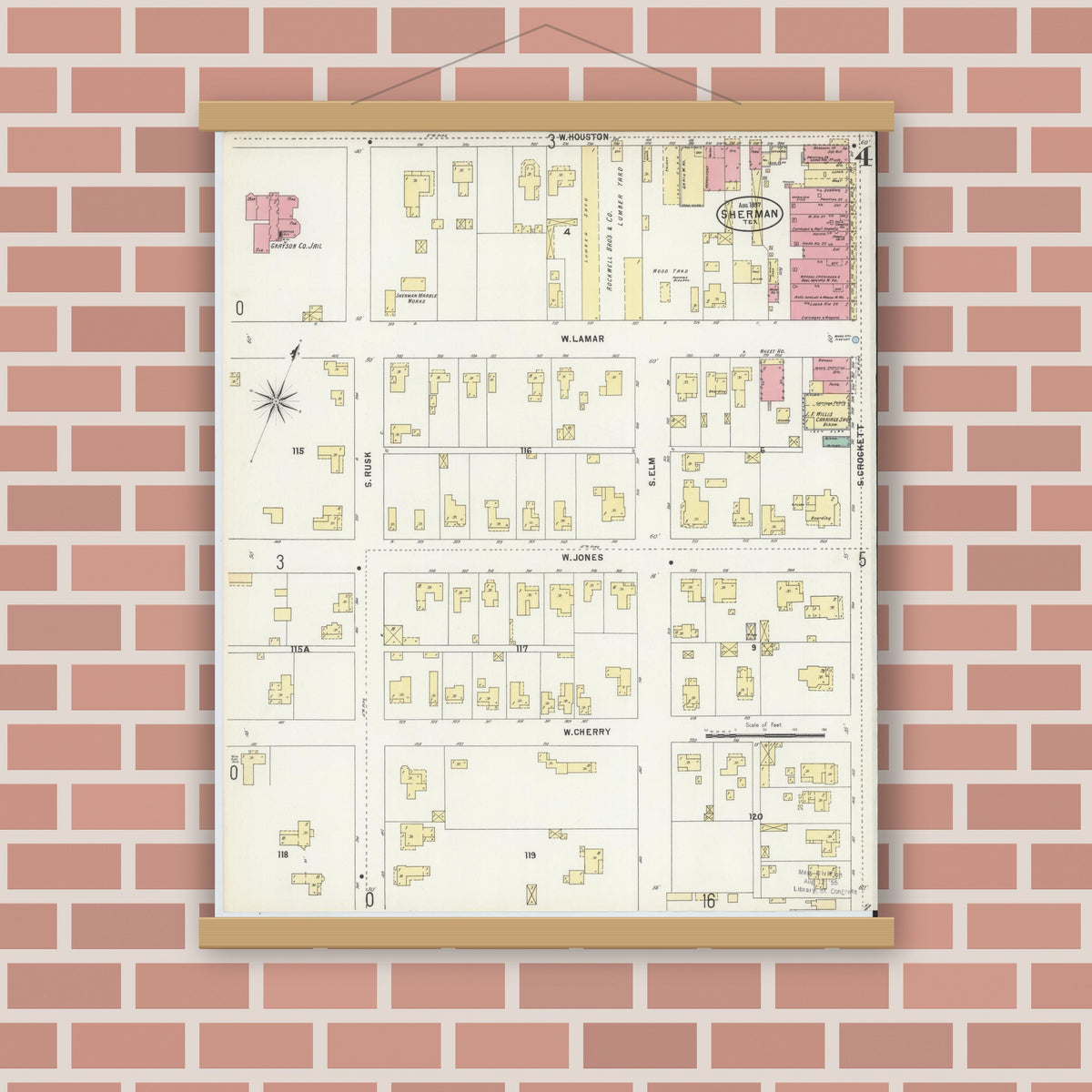 Old map wall art mockup — magnetic wood frame on brick wall — Sanborn Fire Insurance Map from Sherman, Grayson County, Texas (1897), Sheet #0004