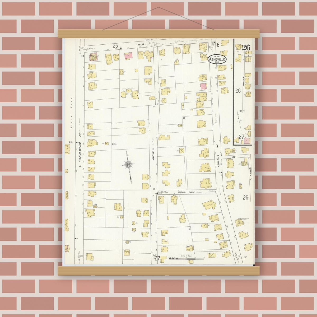 Old map wall art mockup — magnetic wood frame on brick wall — Sanborn Fire Insurance Map from Asheville, Buncombe County, North Carolina (1913), Sheet #0026