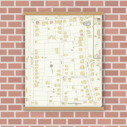 Old map wall art mockup — magnetic wood frame on brick wall — Sanborn Fire Insurance Map from Asheville, Buncombe County, North Carolina (1913), Sheet #0026