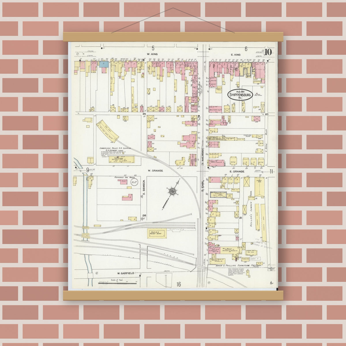 Old map wall art mockup — magnetic wood frame on brick wall — Sanborn Fire Insurance Map from Shippensburg, Cumberland And Franklin Counties, Pennsylvania (1910), Sheet #0010