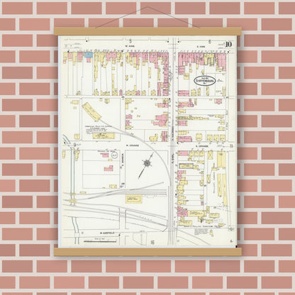 Old map wall art mockup — magnetic wood frame on brick wall — Sanborn Fire Insurance Map from Shippensburg, Cumberland And Franklin Counties, Pennsylvania (1910), Sheet #0010
