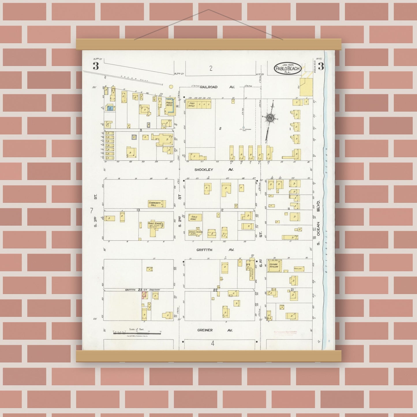 Old map wall art mockup — magnetic wood frame on brick wall — Sanborn Fire Insurance Map from Pablo Beach, Duval County, Florida (1924), Sheet #0003