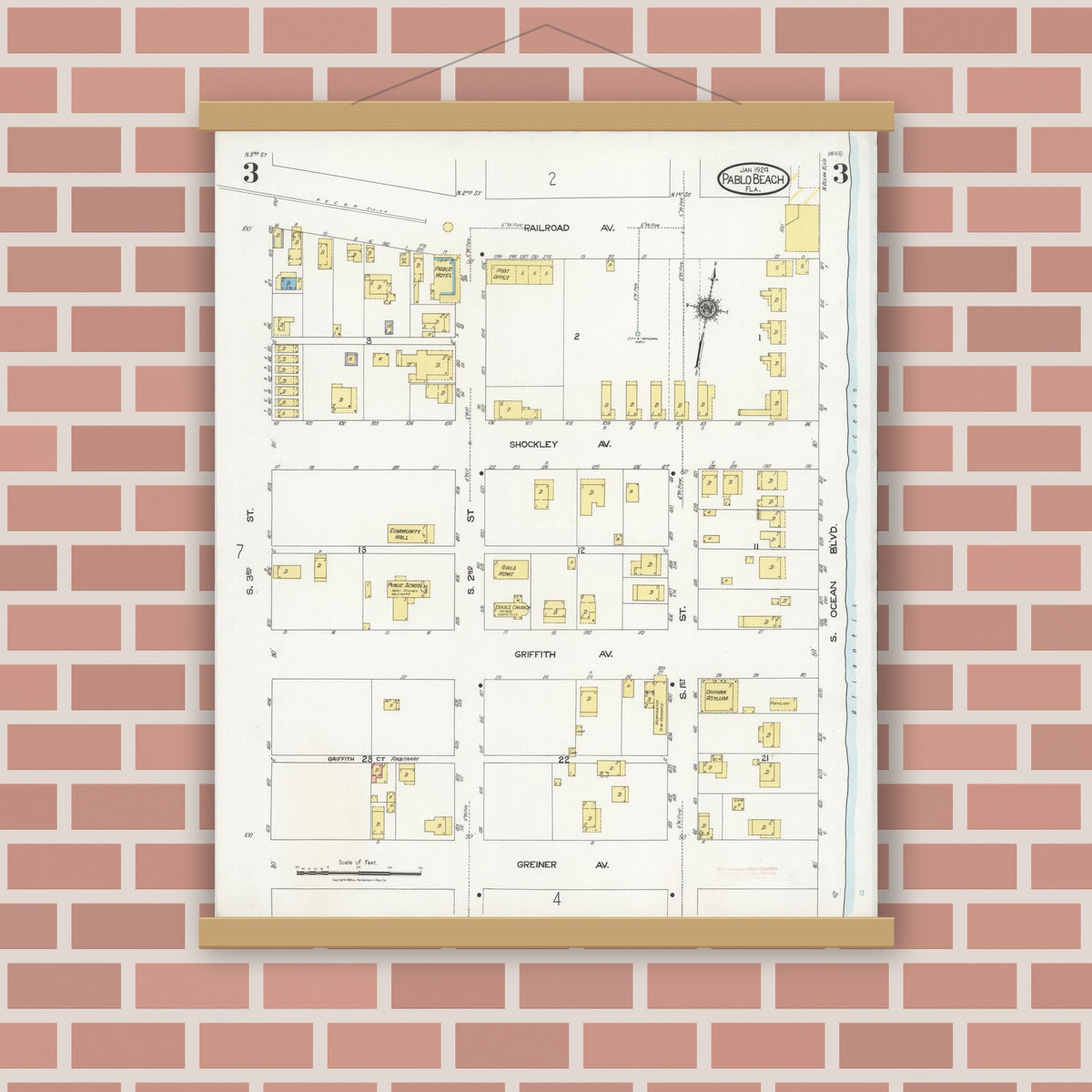 Old map wall art mockup — magnetic wood frame on brick wall — Sanborn Fire Insurance Map from Pablo Beach, Duval County, Florida (1924), Sheet #0003