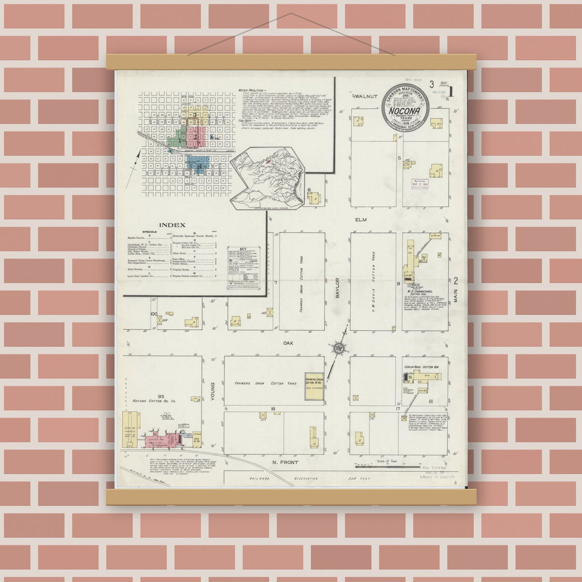 Old map wall art mockup — magnetic wood frame on brick wall — Sanborn Fire Insurance Map from Nocona, Montague County, Texas (1914) - Complete Map Set