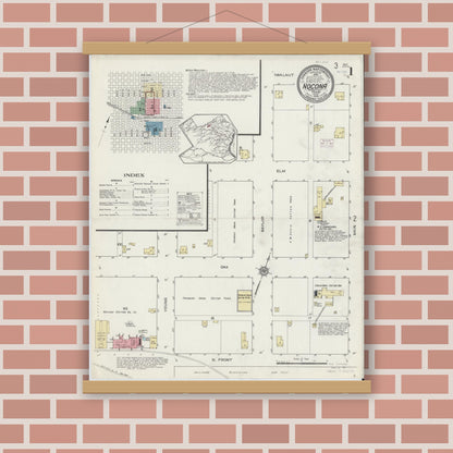 Old map wall art mockup — magnetic wood frame on brick wall — Sanborn Fire Insurance Map from Nocona, Montague County, Texas (1914) - Complete Map Set