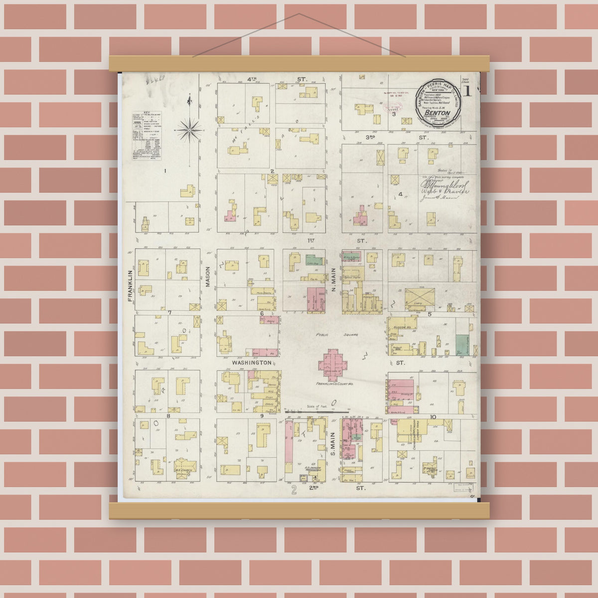 Old map wall art mockup — magnetic wood frame on brick wall — Sanborn Fire Insurance Map from Benton, Franklin County, Illinois (1894), Sheet #0001