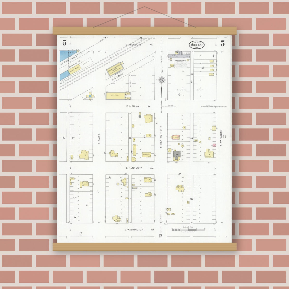 Old map wall art mockup — magnetic wood frame on brick wall — Sanborn Fire Insurance Map from Midland, Midland County, Texas (1929), Sheet #0005