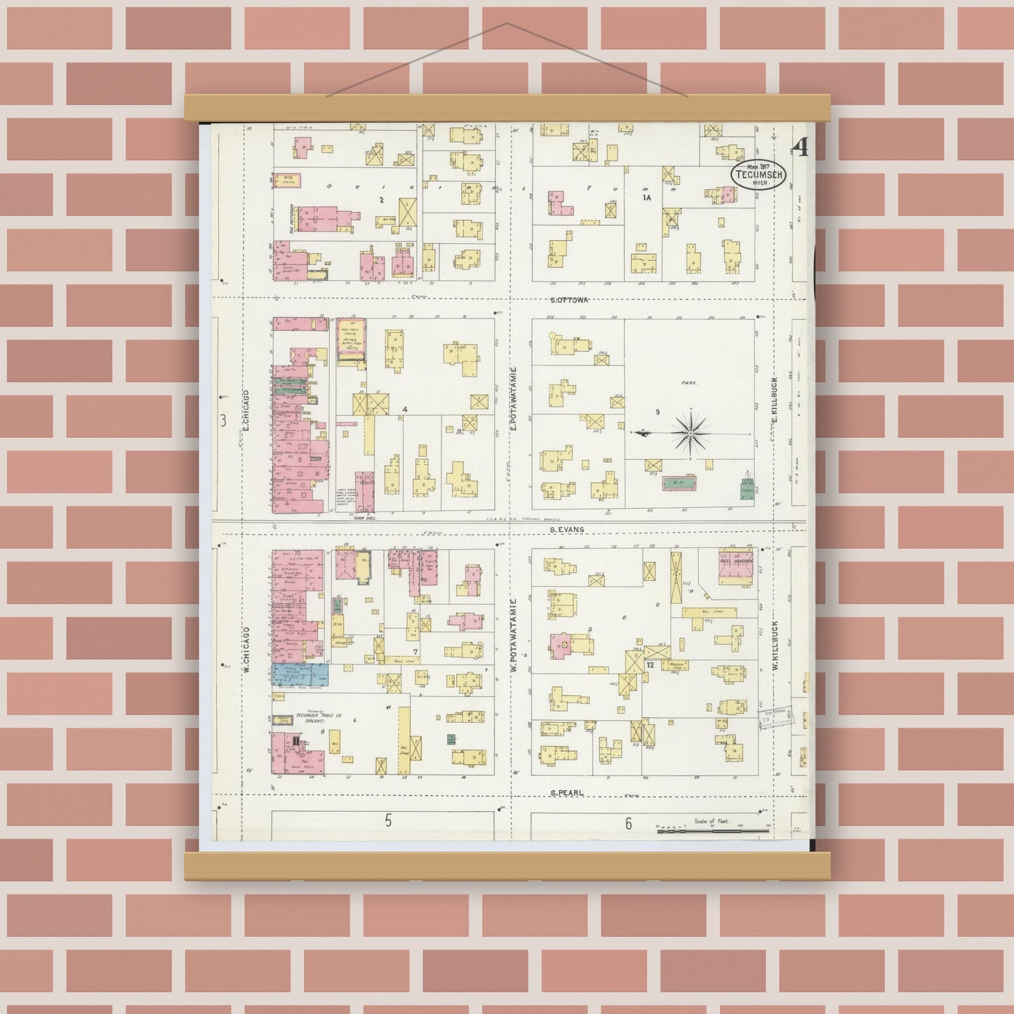 Old map wall art mockup — magnetic wood frame on brick wall — Sanborn Fire Insurance Map from Tecumseh, Lenawee County, Michigan (1907), Sheet #0004