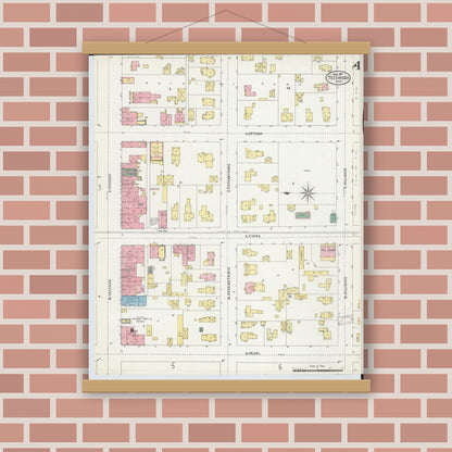 Old map wall art mockup — magnetic wood frame on brick wall — Sanborn Fire Insurance Map from Tecumseh, Lenawee County, Michigan (1907), Sheet #0004
