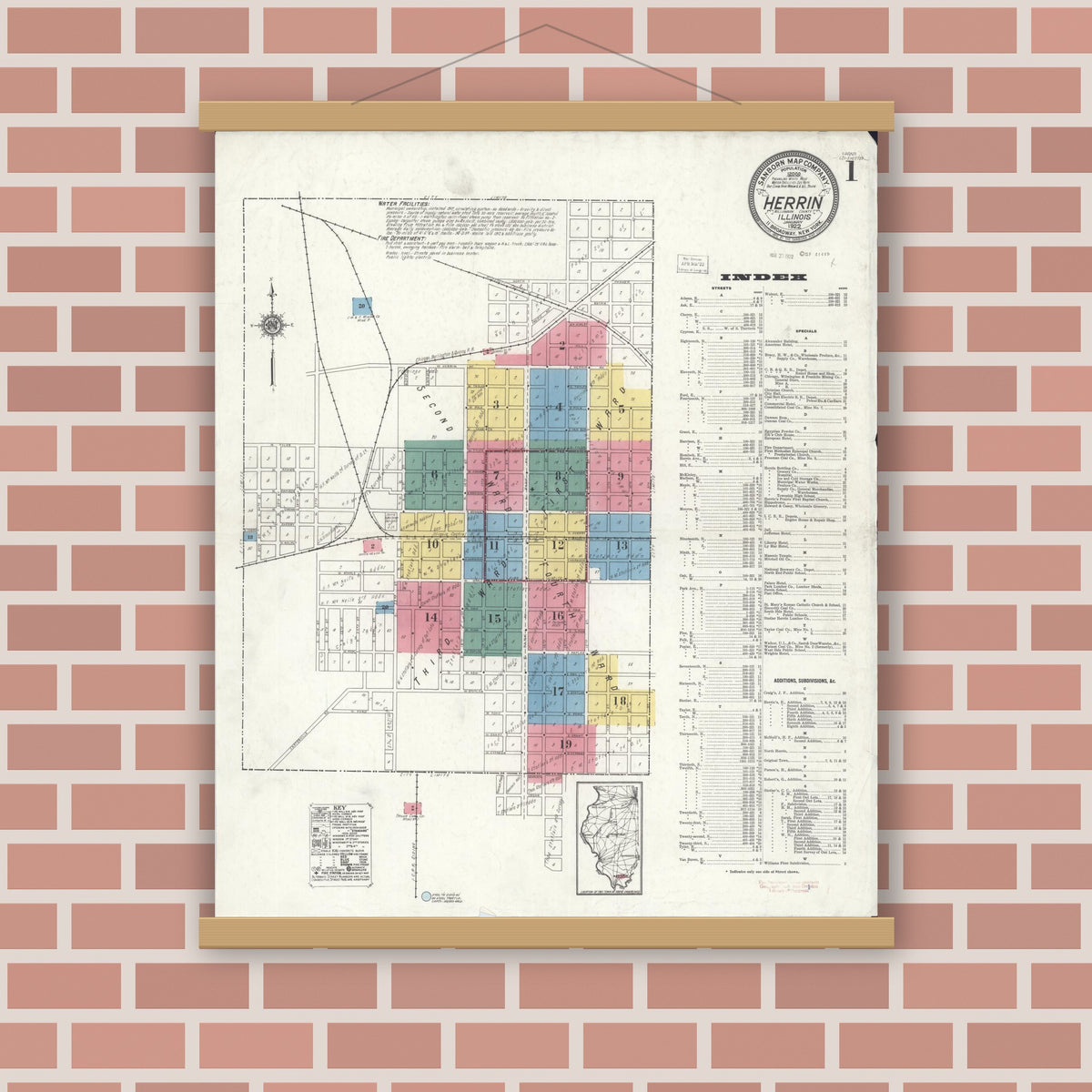 Old map wall art mockup — magnetic wood frame on brick wall — Sanborn Fire Insurance Map from Herrin, Williamson County, Illinois (1922), Sheet #0001