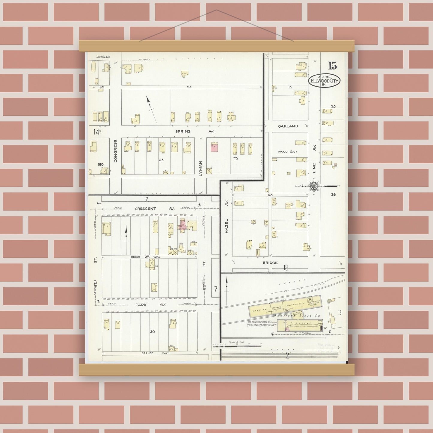 Old map wall art mockup — magnetic wood frame on brick wall — Sanborn Fire Insurance Map from Ellwood City, Lawrence County, Pennsylvania (1914), Sheet #0015