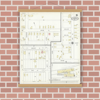 Old map wall art mockup — magnetic wood frame on brick wall — Sanborn Fire Insurance Map from Ellwood City, Lawrence County, Pennsylvania (1914), Sheet #0015