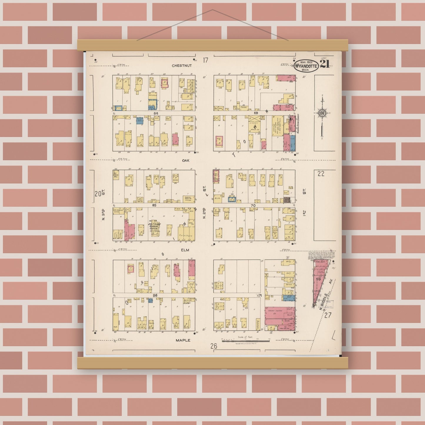 Old map wall art mockup — magnetic wood frame on brick wall — Sanborn Fire Insurance Map from Wyandotte, Wayne County, Michigan (1922), Sheet #0021
