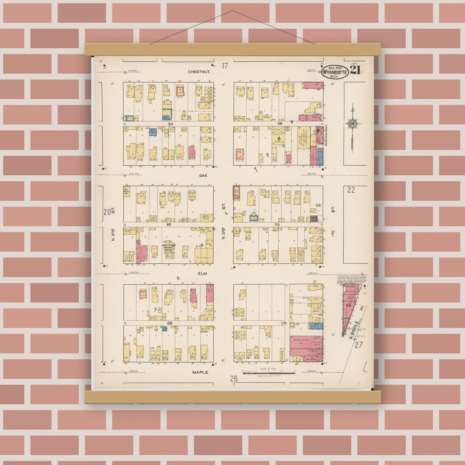 Old map wall art mockup — magnetic wood frame on brick wall — Sanborn Fire Insurance Map from Wyandotte, Wayne County, Michigan (1922), Sheet #0021