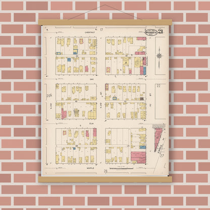 Old map wall art mockup — magnetic wood frame on brick wall — Sanborn Fire Insurance Map from Wyandotte, Wayne County, Michigan (1922), Sheet #0021