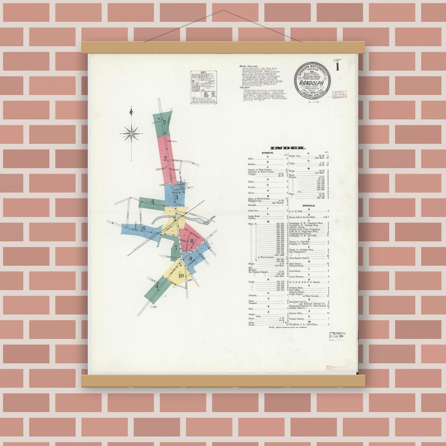 Old map wall art mockup — magnetic wood frame on brick wall — Sanborn Fire Insurance Map from Randolph, Norfolk County, Massachusetts (1909) - Complete Map Set