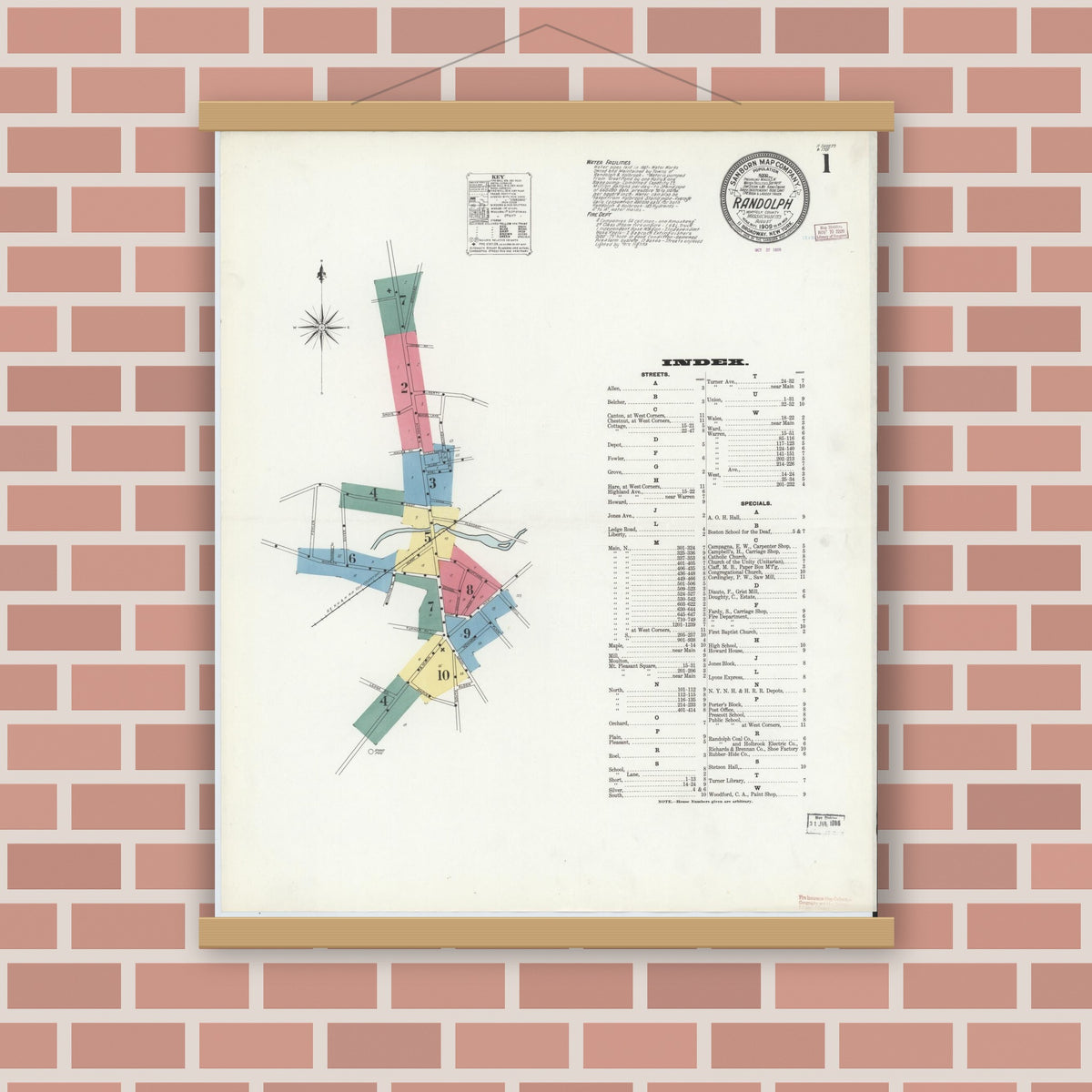 Old map wall art mockup — magnetic wood frame on brick wall — Sanborn Fire Insurance Map from Randolph, Norfolk County, Massachusetts (1909) - Complete Map Set