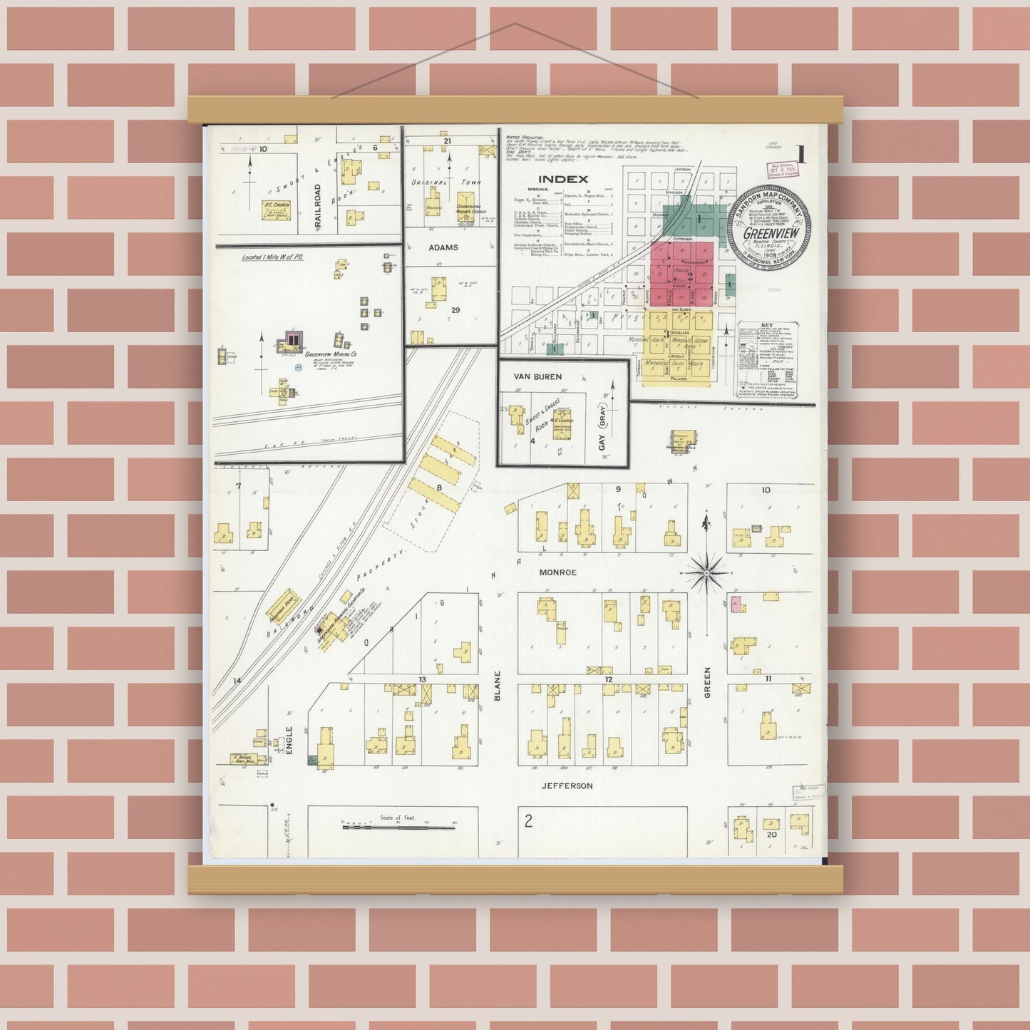 Old map wall art mockup — magnetic wood frame on brick wall — Sanborn Fire Insurance Map from Greenview, Menard County, Illinois (1909) - Complete Map Set