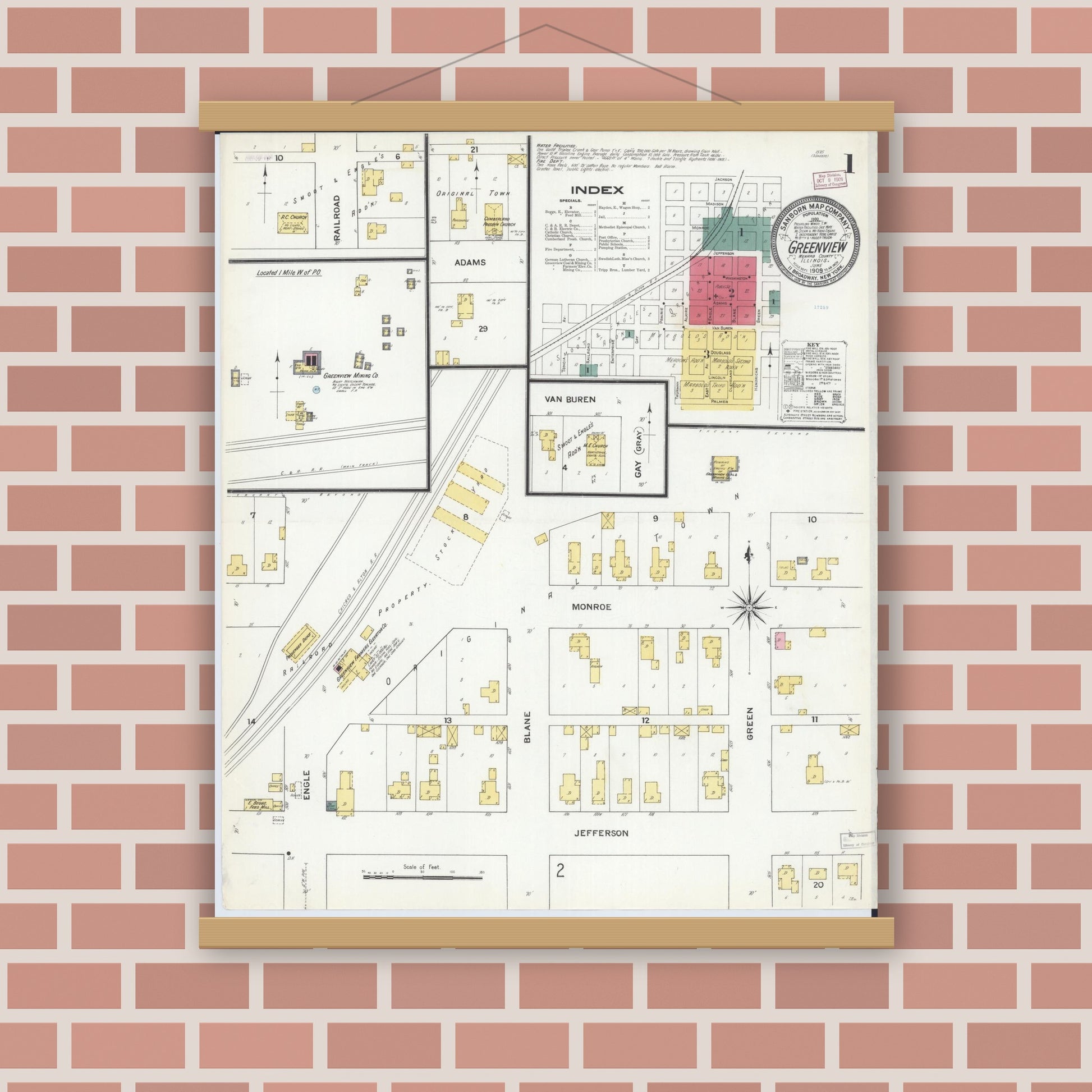 Old map wall art mockup — magnetic wood frame on brick wall — Sanborn Fire Insurance Map from Greenview, Menard County, Illinois (1909) - Complete Map Set