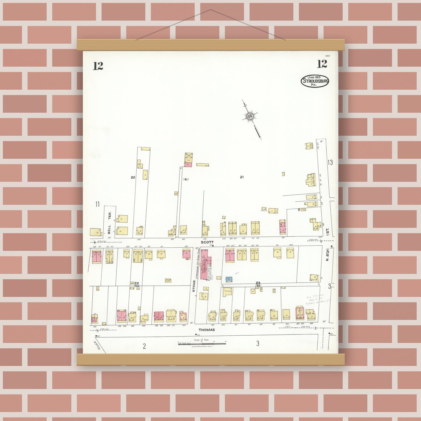 Old map wall art mockup — magnetic wood frame on brick wall — Sanborn Fire Insurance Map from Stroudsburg, Monroe County, Pennsylvania (1923), Sheet #0012
