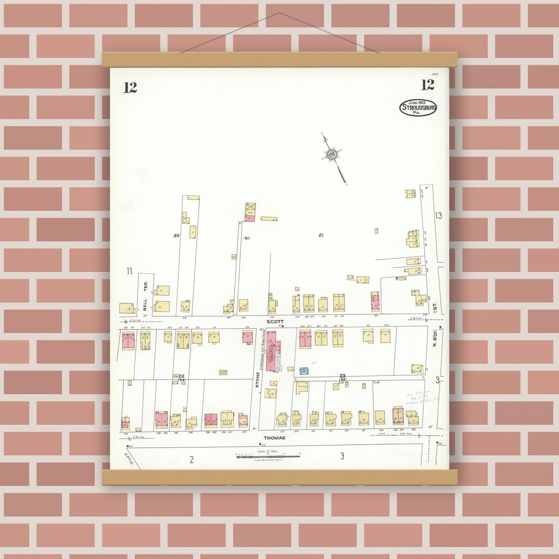 Old map wall art mockup — magnetic wood frame on brick wall — Sanborn Fire Insurance Map from Stroudsburg, Monroe County, Pennsylvania (1923), Sheet #0012