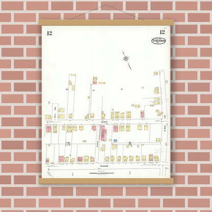 Old map wall art mockup — magnetic wood frame on brick wall — Sanborn Fire Insurance Map from Stroudsburg, Monroe County, Pennsylvania (1923), Sheet #0012